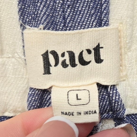 Pact Organic Cotton Hemp Pants L Blue White Stripe Elastic Waist Pockets Coastal - Picture 6 of 8